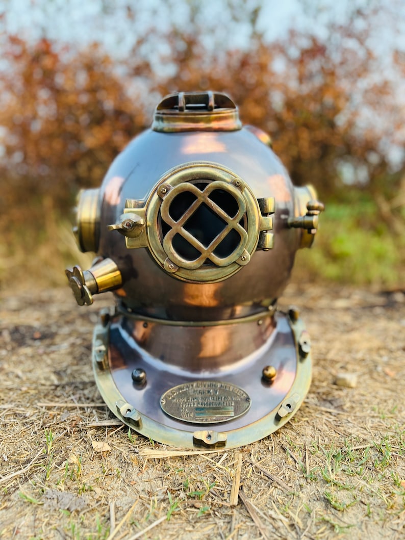 Mark V Diving Helmet with Reddish Brown Finish and Wooden Base view 4