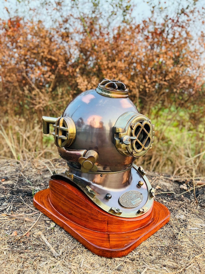 Mark V Diving Helmet with Reddish Brown Finish and Wooden Base view 7