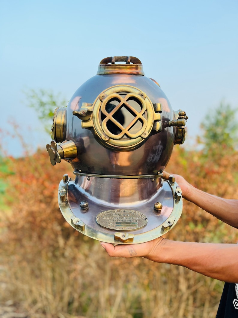 Mark V Diving Helmet with Reddish Brown Finish and Wooden Base view 8