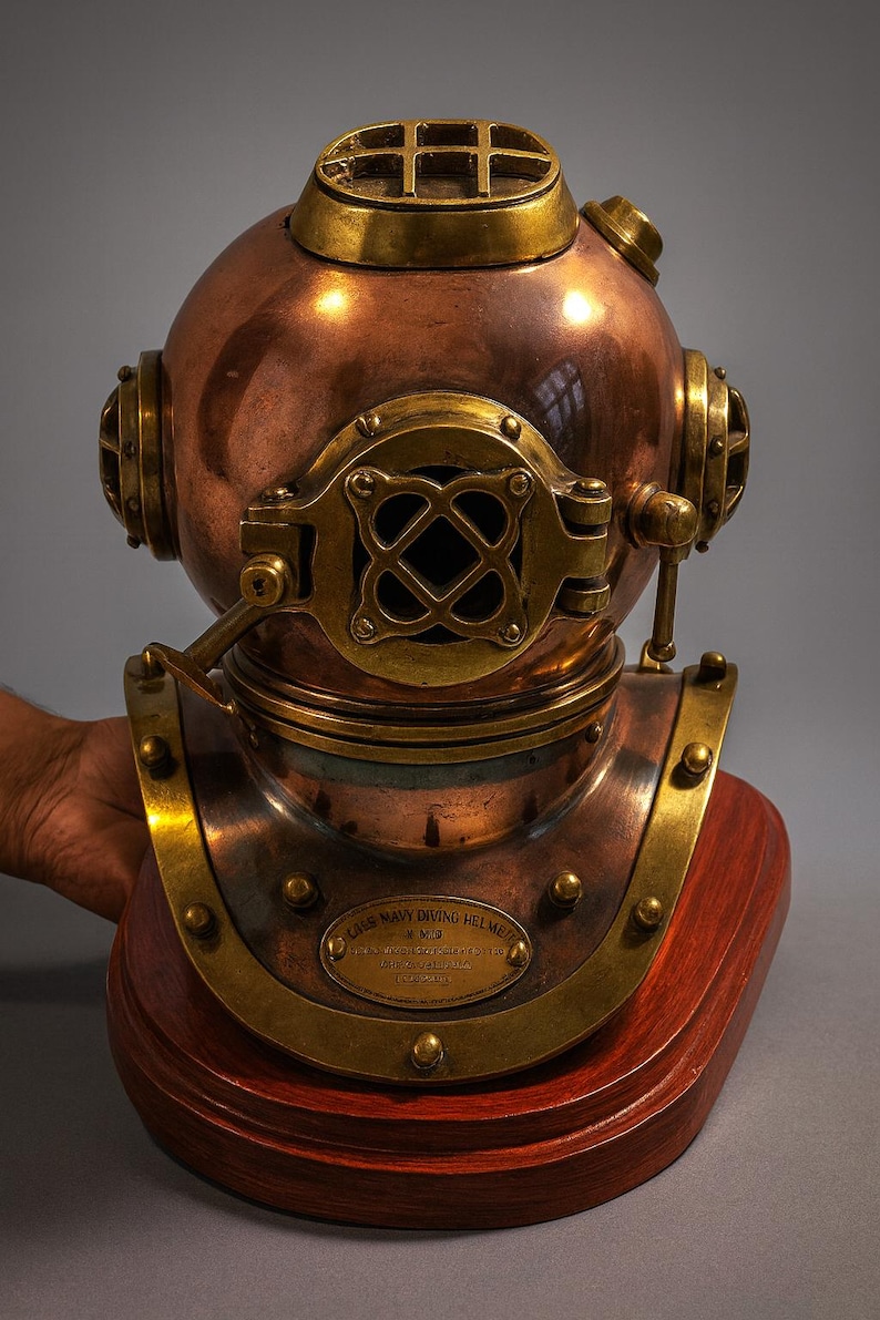 Antique Brass Diving Helmet Miniature with Wooden Display Stand view 2