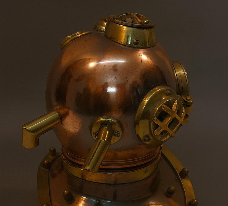 Antique Brass Diving Helmet Miniature with Wooden Display Stand view 6