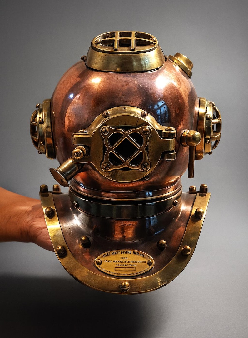 Antique Brass Diving Helmet Miniature with Wooden Display Stand view 9