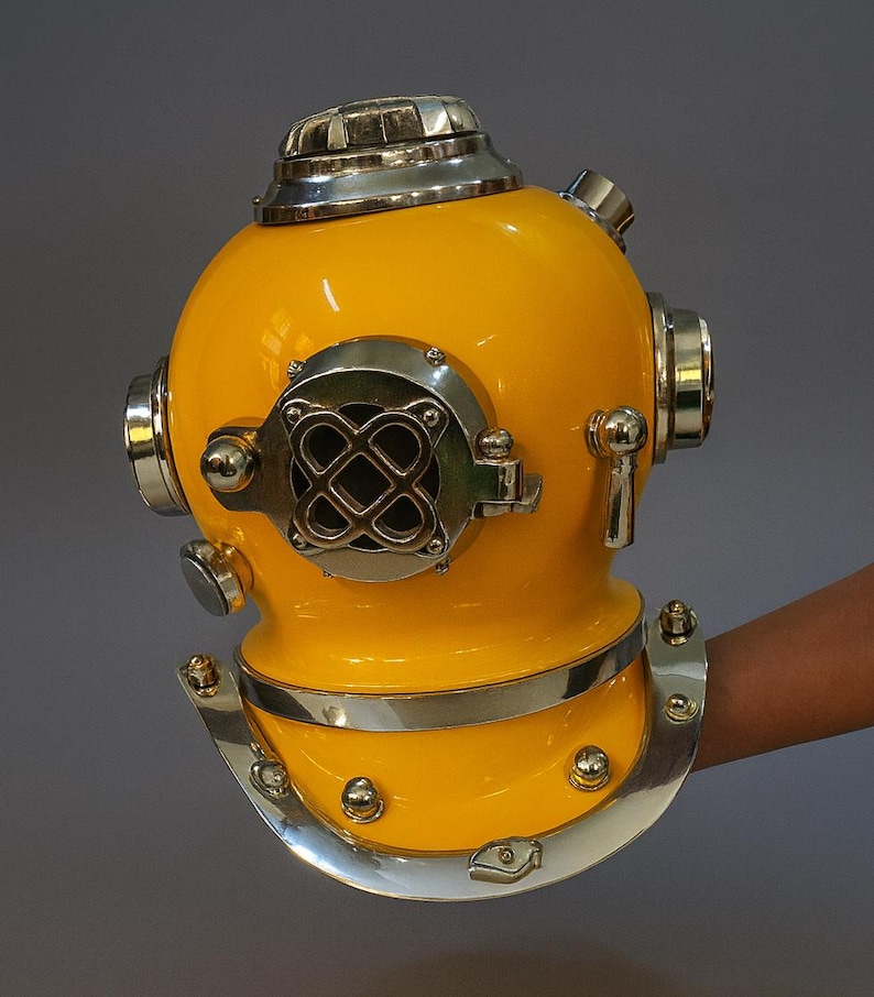 Mark V Diving Helmet with Yellow Finish and Chrome Nickel Highlights view 5