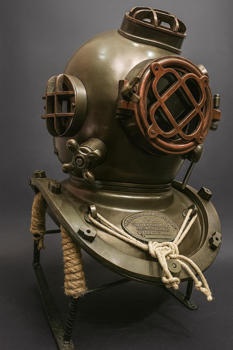 Mark V Diving Helmet with Antique Finish and Metal Stand view 2