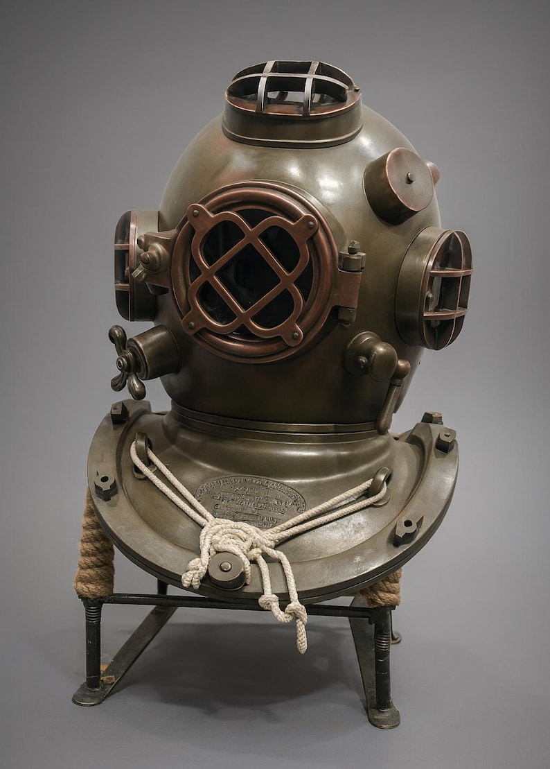 Mark V Diving Helmet with Antique Finish and Metal Stand view 3
