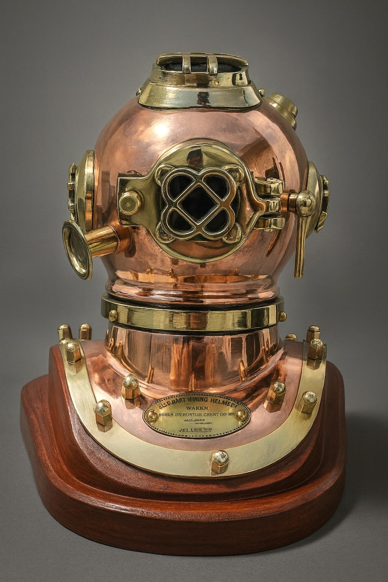 Brass Copper Diving Helmet with Polished Antique Finish and Wooden Base view 2