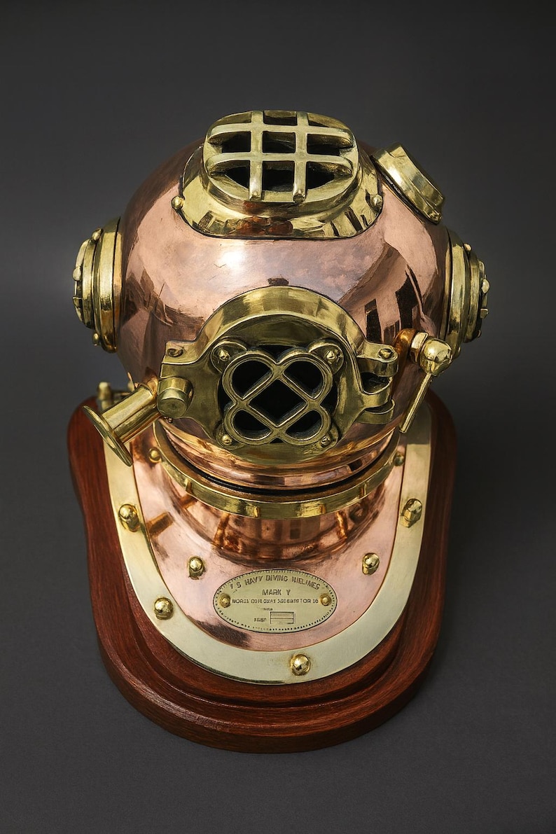 Brass Copper Diving Helmet with Polished Antique Finish and Wooden Base view 3