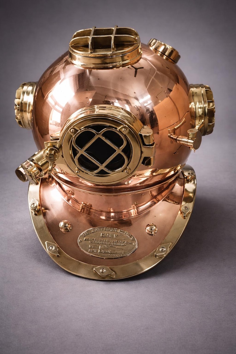Brass Copper Diving Helmet with Polished Antique Finish and Wooden Base view 5