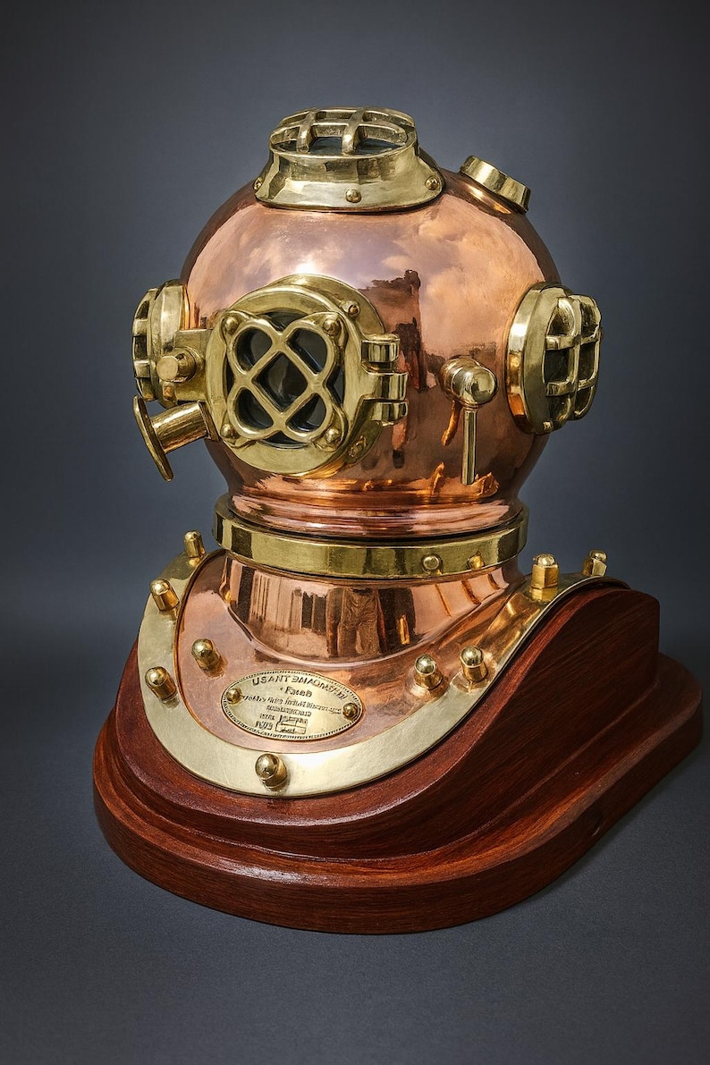 Brass Copper Diving Helmet with Polished Antique Finish and Wooden Base view 7