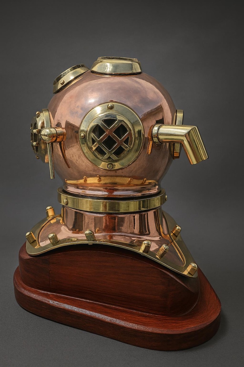 Brass Copper Diving Helmet with Polished Antique Finish and Wooden Base view 9