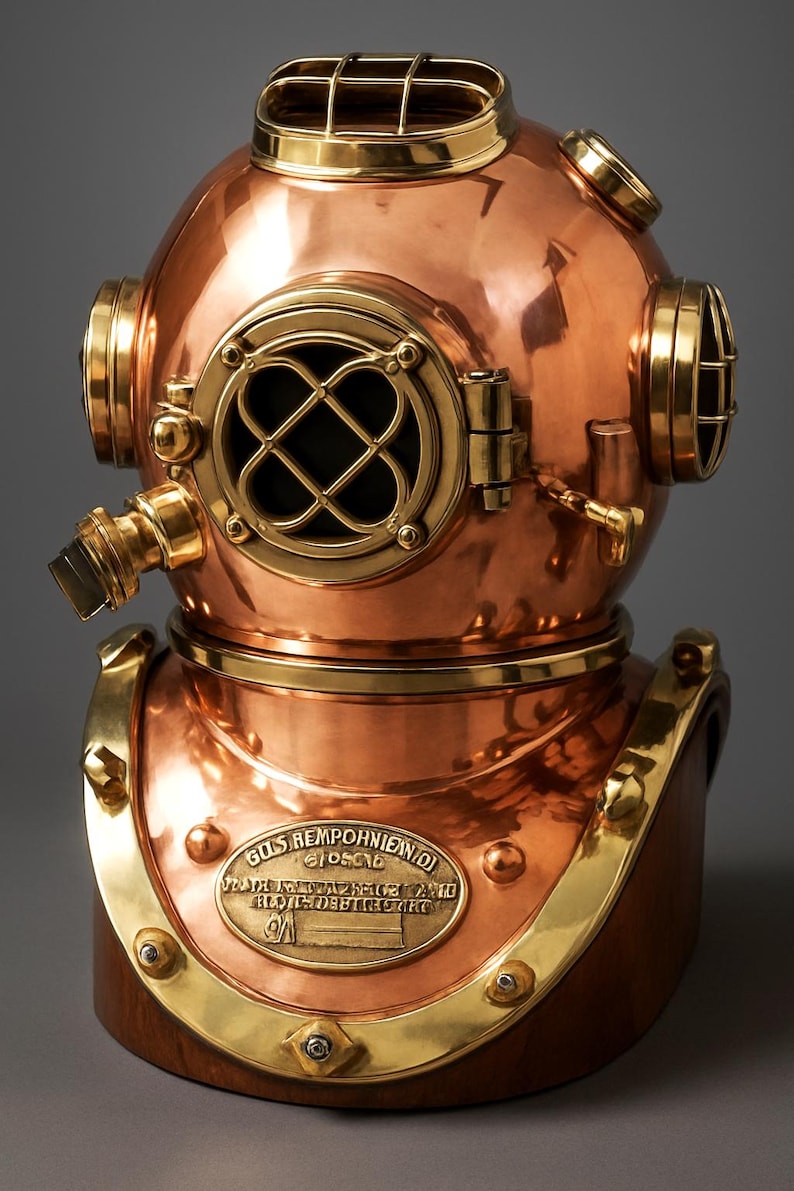 Brass Copper Diving Helmet with Polished Antique Finish and Wooden Base view 10