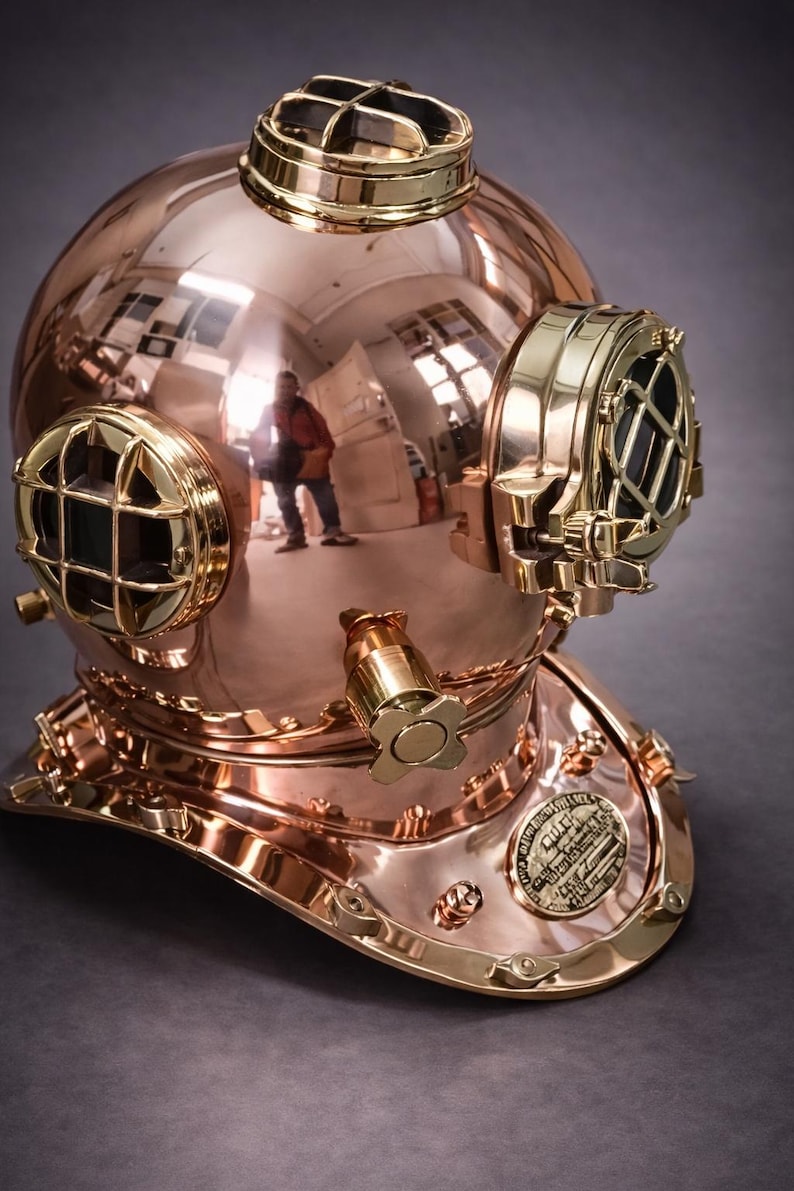 Brass Copper Diving Helmet with Polished Antique Finish and Wooden Base view 13