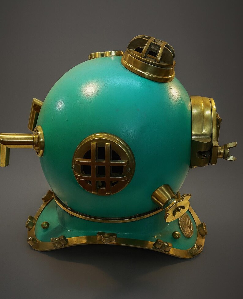 Mark V Diving Helmet with Aqua Blue Finish and Brass Highlights view 5