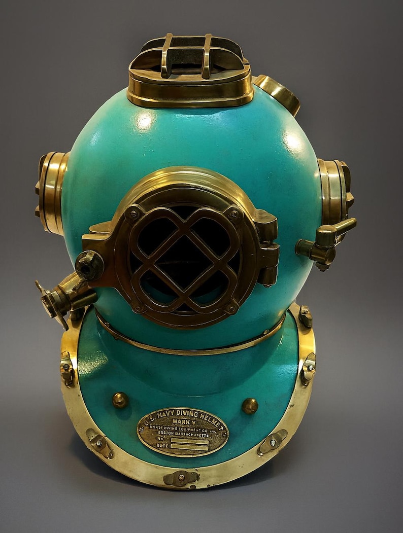Mark V Diving Helmet with Aqua Blue Finish and Brass Highlights view 8