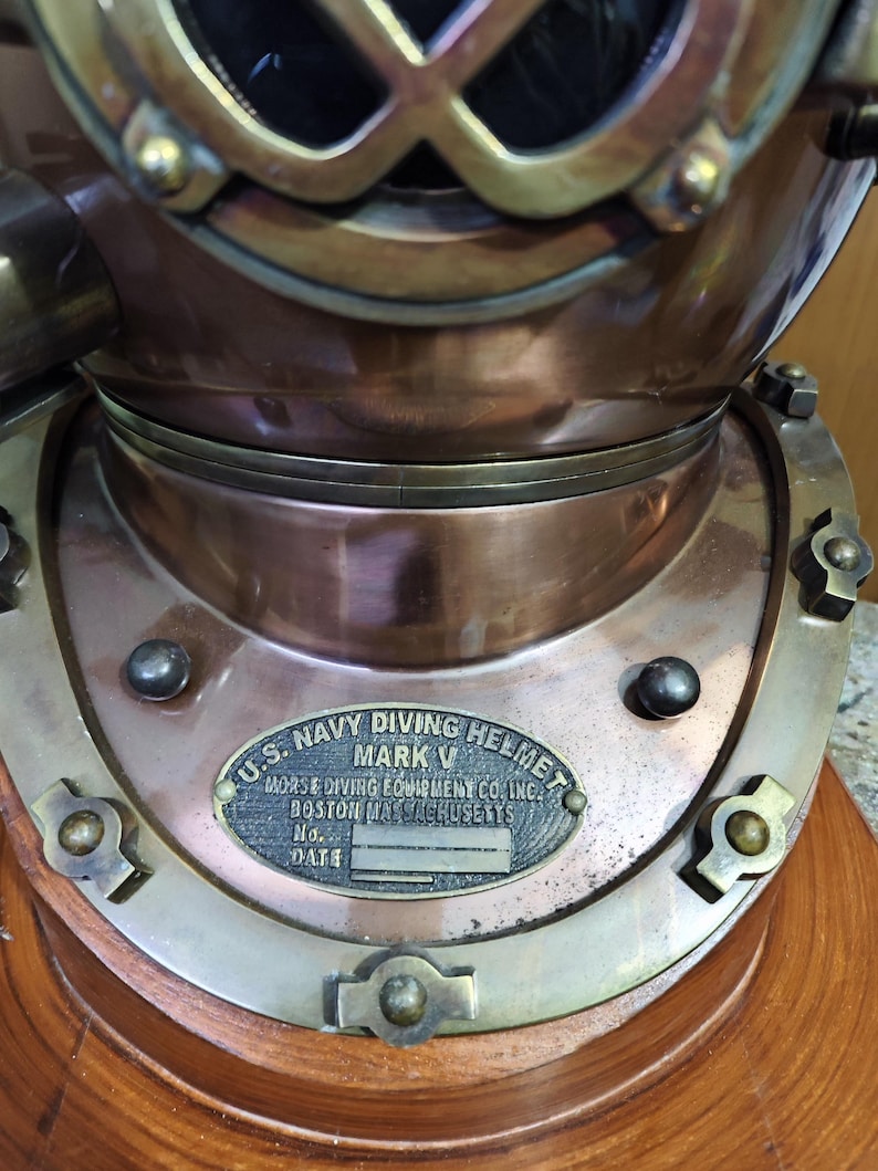 Copper Diving Helmet with Brown Antique Finish and Wooden Base view 2