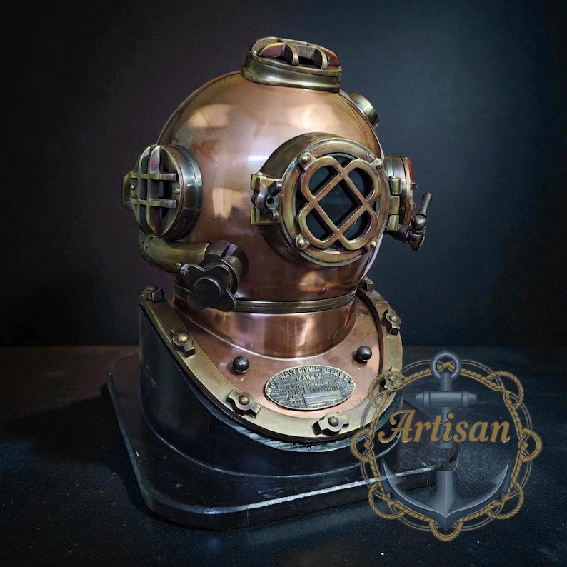 Copper Diving Helmet with Brown Antique Finish and Wooden Base view 3