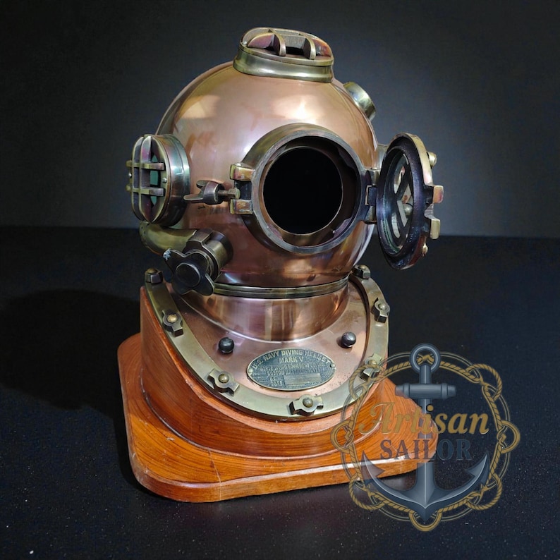 Copper Diving Helmet with Brown Antique Finish and Wooden Base view 5