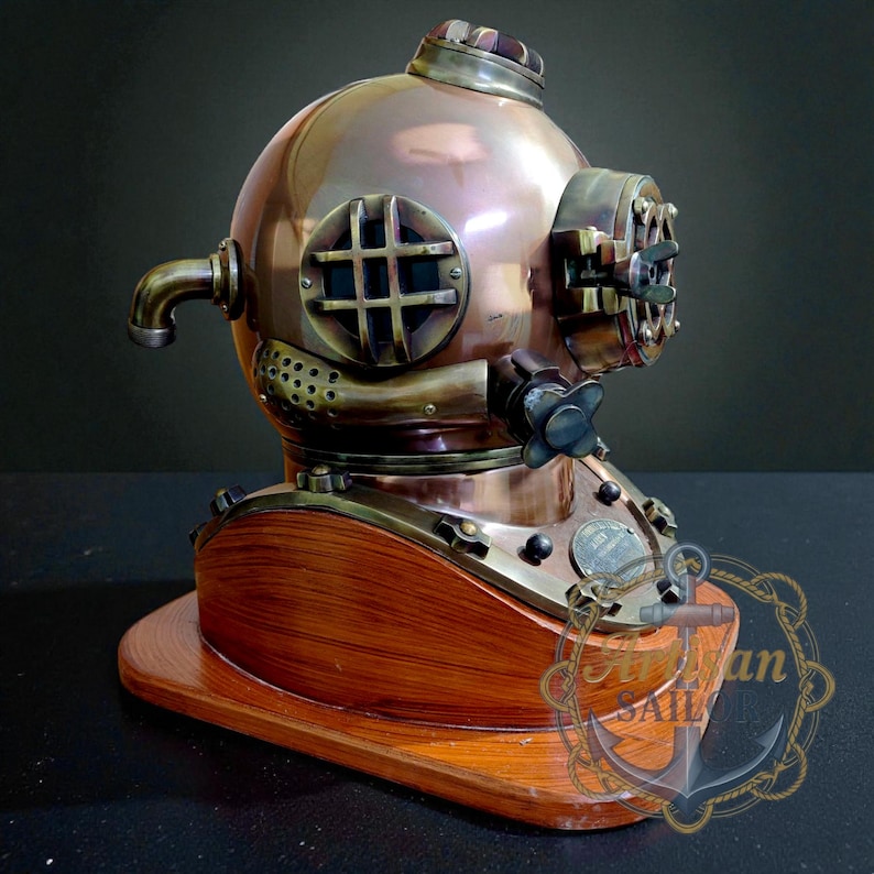 Copper Diving Helmet with Brown Antique Finish and Wooden Base view 7