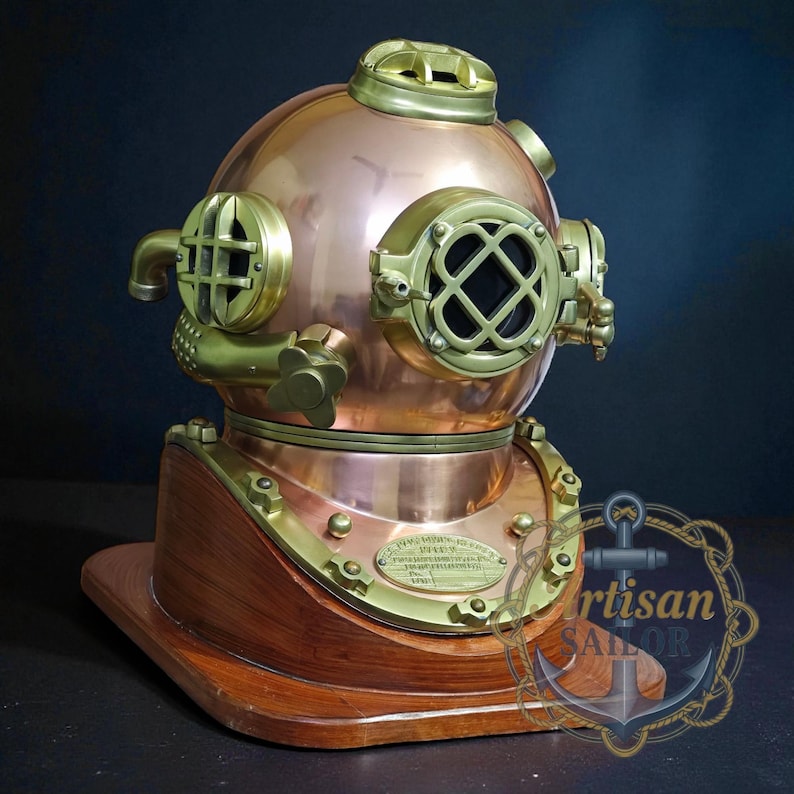 Copper Diving Helmet with Brown Antique Finish and Wooden Base view 12