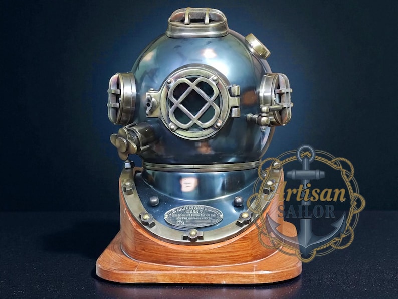 Copper Diving Helmet with Brown Antique Finish and Wooden Base view 13