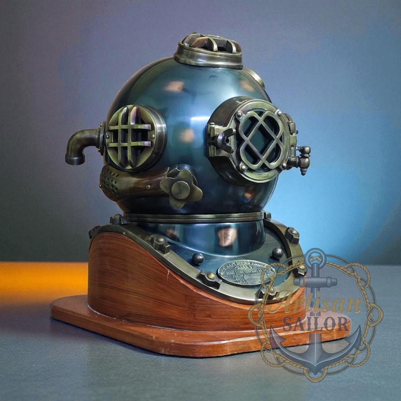 Copper Diving Helmet with Brown Antique Finish and Wooden Base view 14