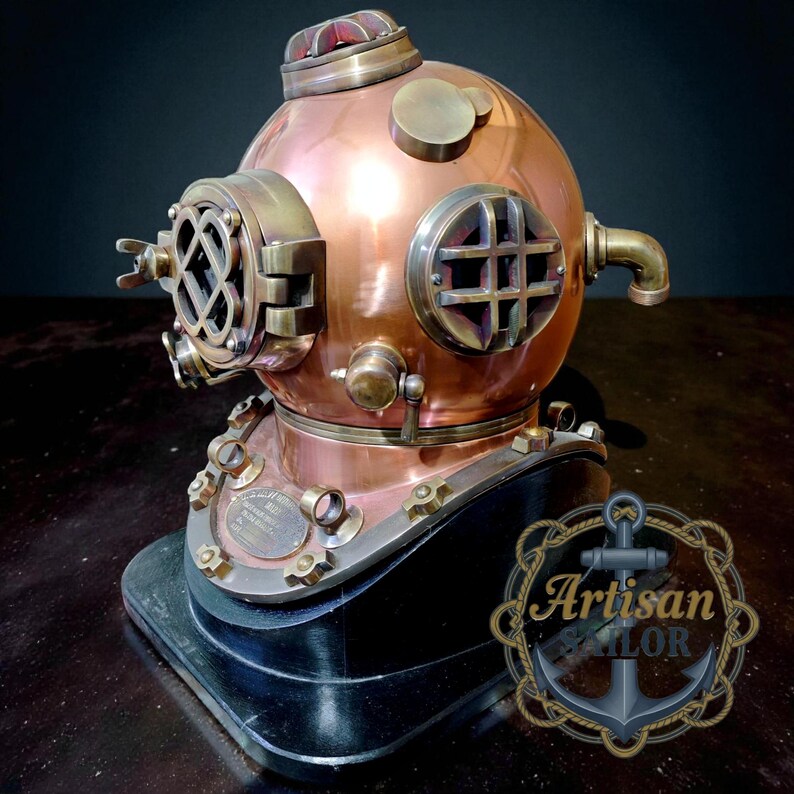 Copper Diving Helmet with Brown Antique Finish and Wooden Base view 16