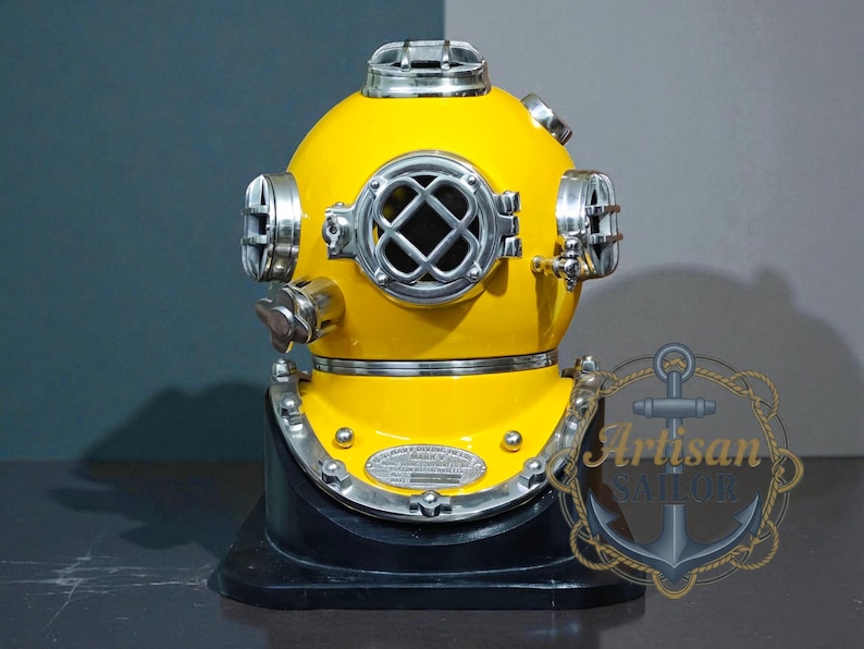 Copper Diving Helmet with Brown Antique Finish and Wooden Base view 17