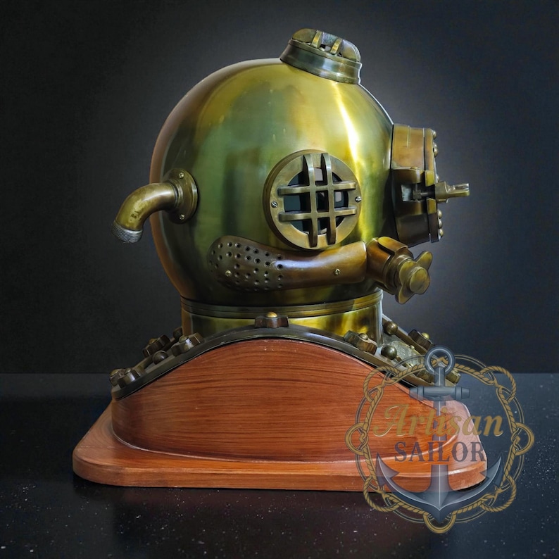 Copper Diving Helmet with Brown Antique Finish and Wooden Base view 20