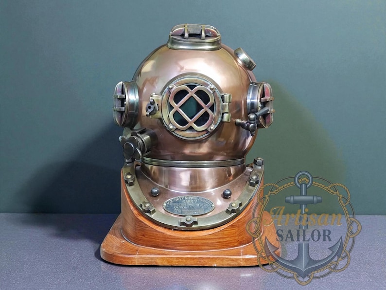Copper Diving Helmet with Brown Antique Finish and Wooden Base view 21