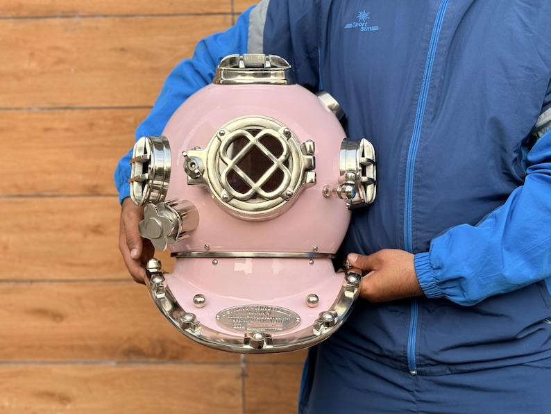 Deep Sea Diving Helmet with Baby Pink Finish and Black Wooden Base view 2