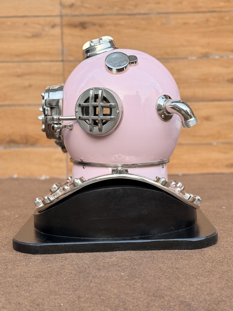 Deep Sea Diving Helmet with Baby Pink Finish and Black Wooden Base view 5