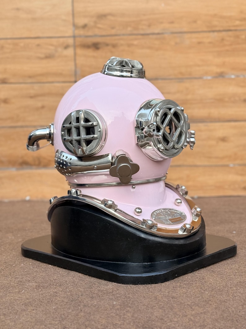 Deep Sea Diving Helmet with Baby Pink Finish and Black Wooden Base view 8