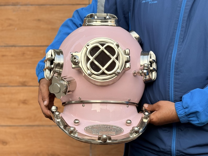 Deep Sea Diving Helmet with Baby Pink Finish and Black Wooden Base view 9