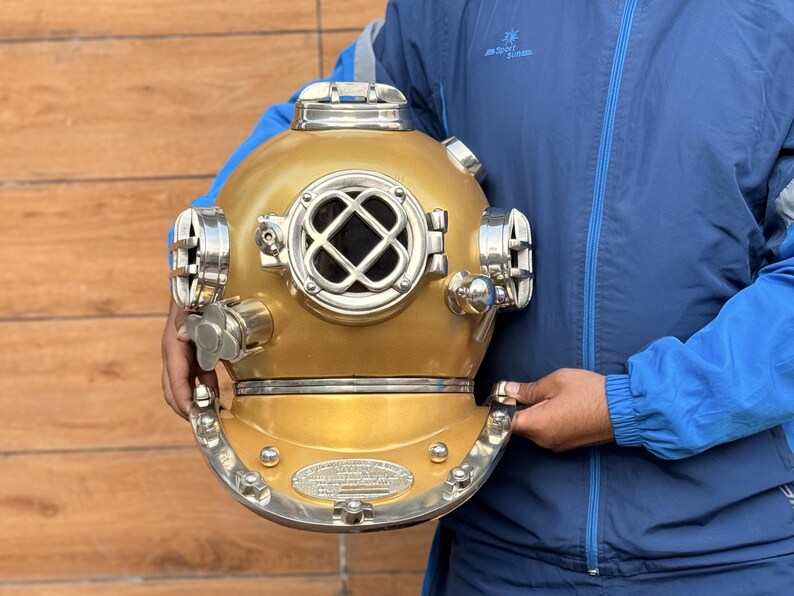 Diving Helmet with Mustard Finish and Chrome Nickel Highlights view 2