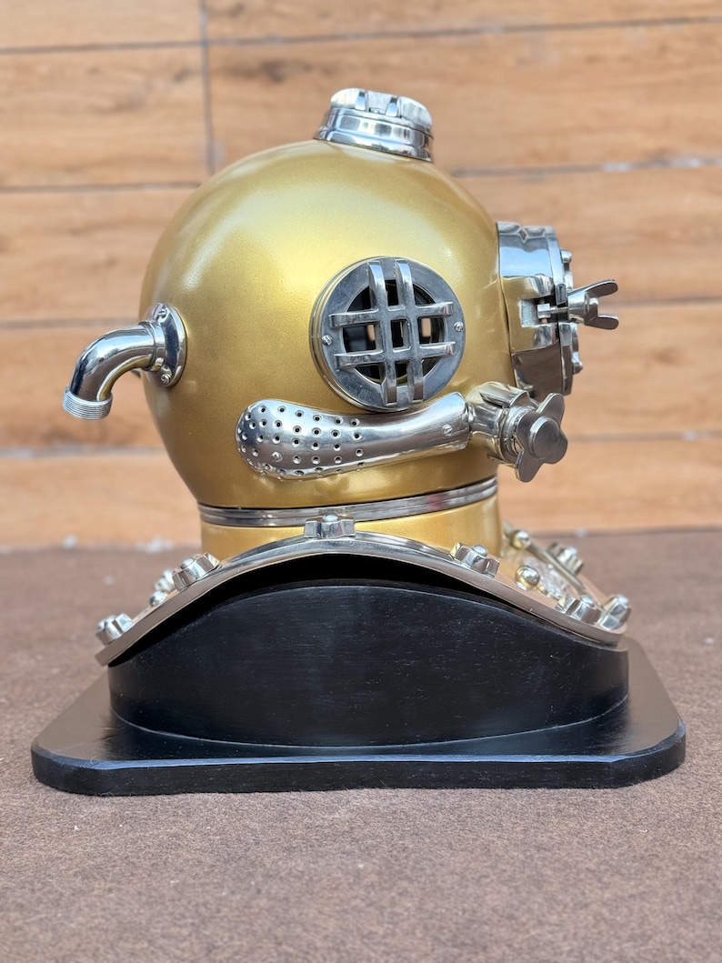 Diving Helmet with Mustard Finish and Chrome Nickel Highlights view 8