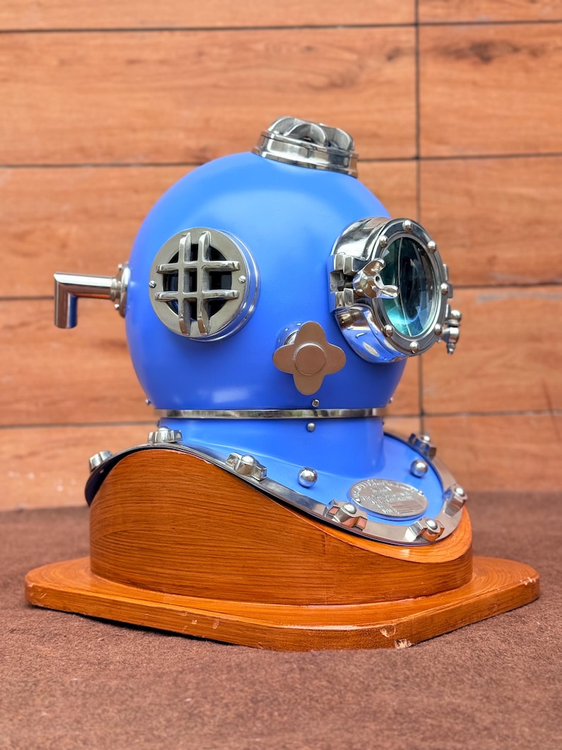 Mark V Diving Helmet with Blue Finish and Light Brown Base view 3