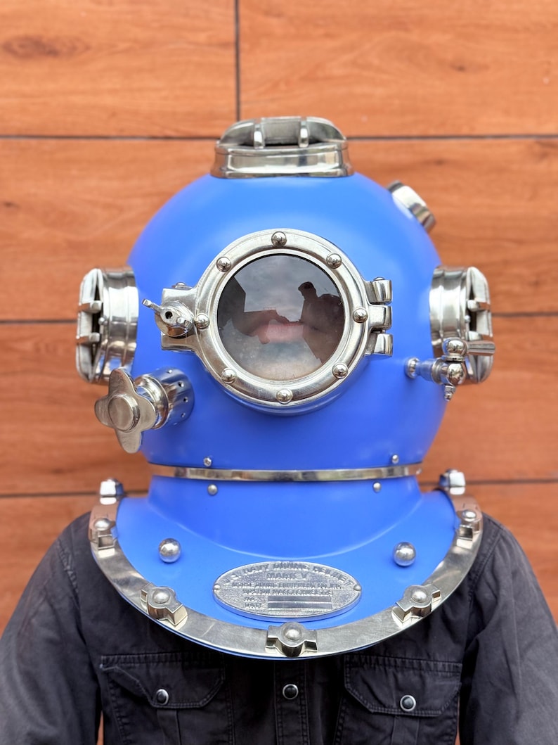 Mark V Diving Helmet with Blue Finish and Light Brown Base view 4