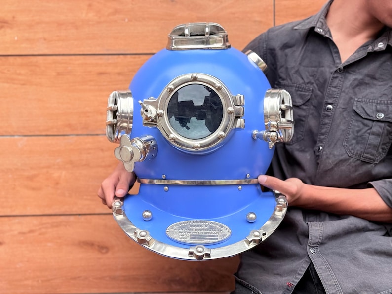 Mark V Diving Helmet with Blue Finish and Light Brown Base view 5