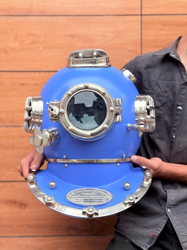 Mark V Diving Helmet with Blue Finish and Light Brown Base view 6