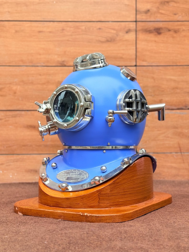 Mark V Diving Helmet with Blue Finish and Light Brown Base view 7