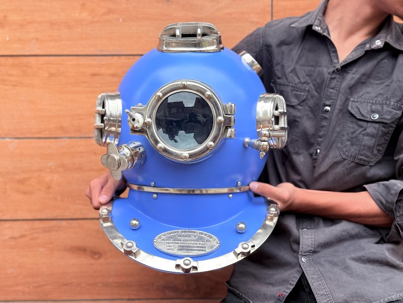 Mark V Diving Helmet with Blue Finish and Light Brown Base view 11