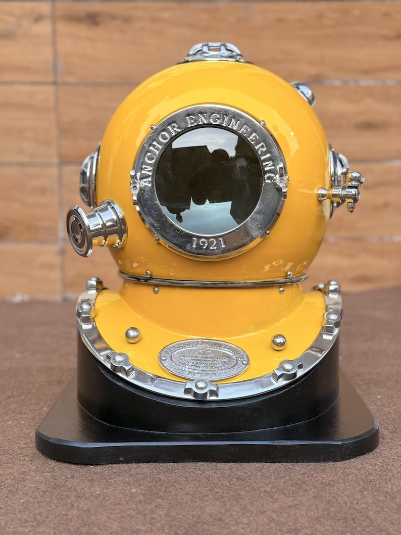 Deep Sea Diving Helmet with Yellow Finish and Black Wooden Base view 3