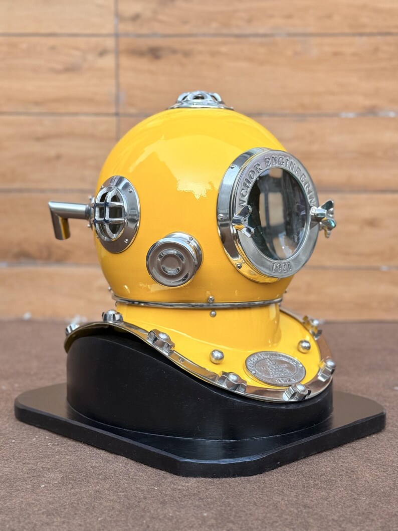 Deep Sea Diving Helmet with Yellow Finish and Black Wooden Base view 4