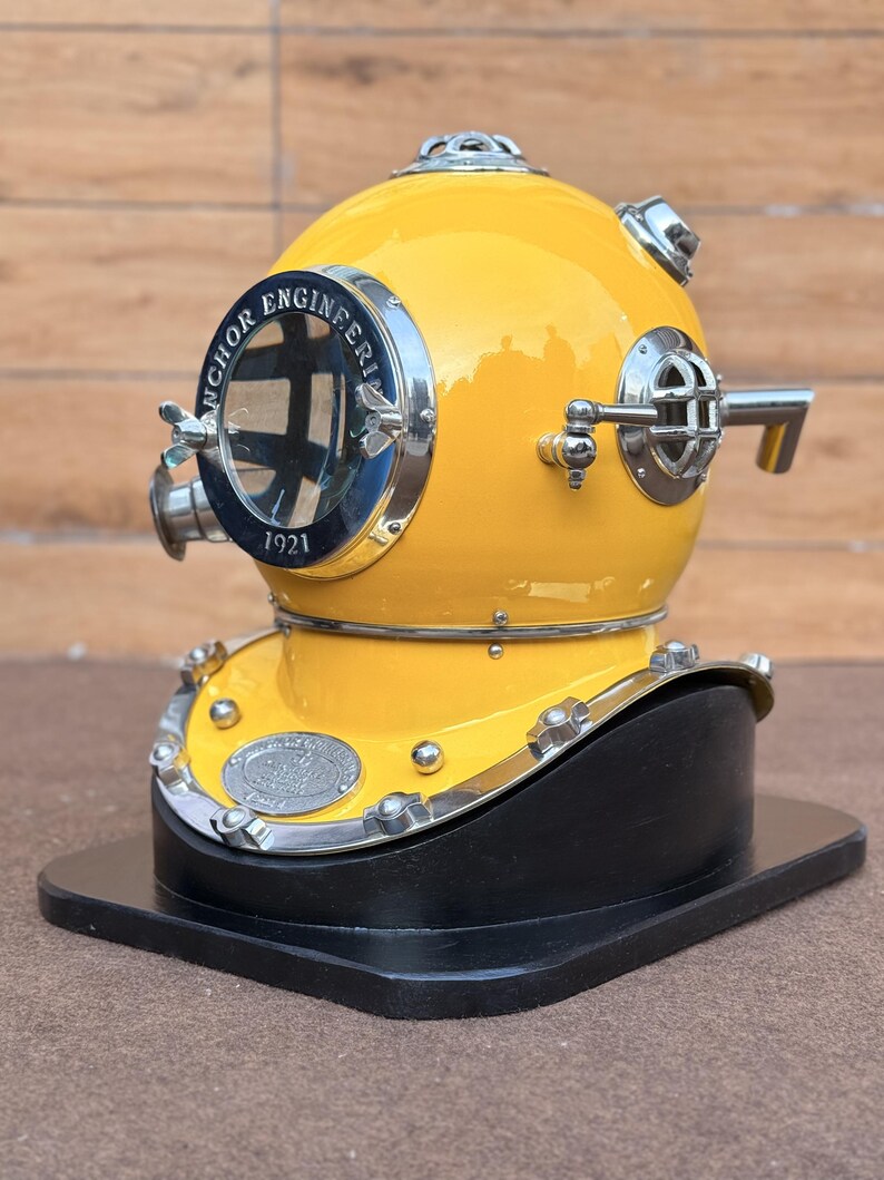 Deep Sea Diving Helmet with Yellow Finish and Black Wooden Base view 5
