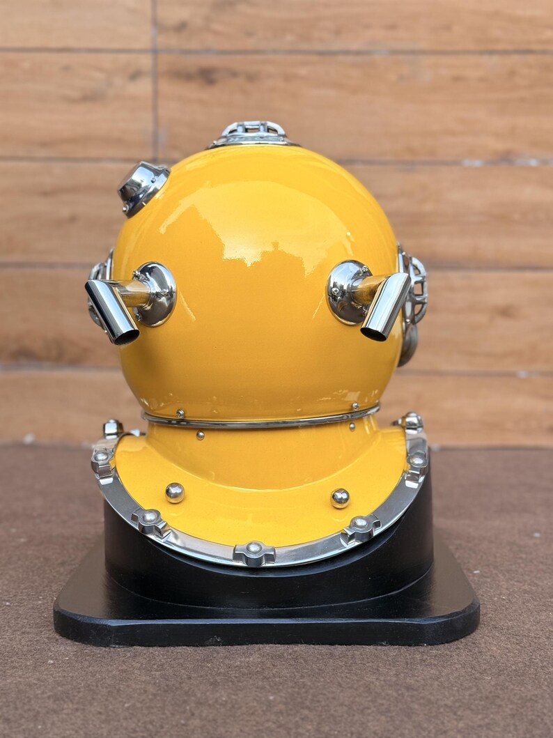 Deep Sea Diving Helmet with Yellow Finish and Black Wooden Base view 7