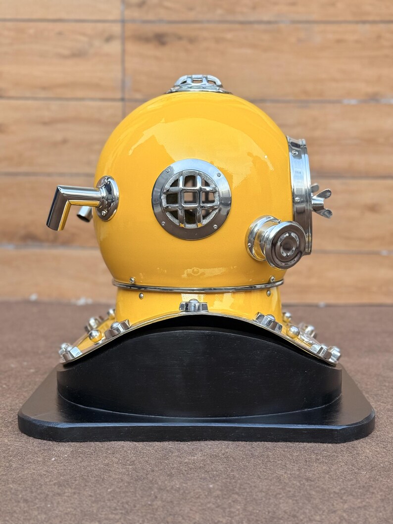 Deep Sea Diving Helmet with Yellow Finish and Black Wooden Base view 8