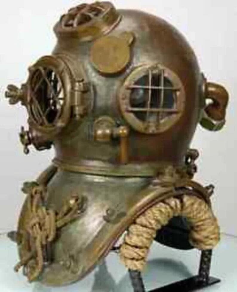 Mark V Diving Helmet with Greenish Patina Antique Finish and Metal Stand view 2