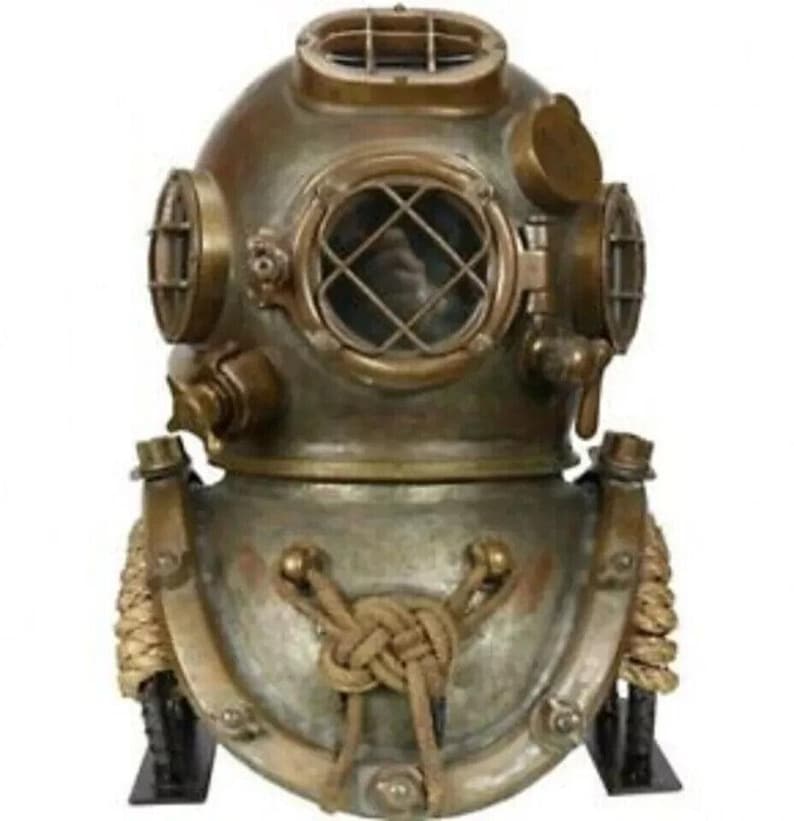 Mark V Diving Helmet with Greenish Patina Antique Finish and Metal Stand view 3
