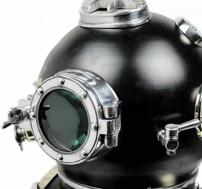 Full-Size Black Diving Helmet with Nickel Plated Highlights view 2