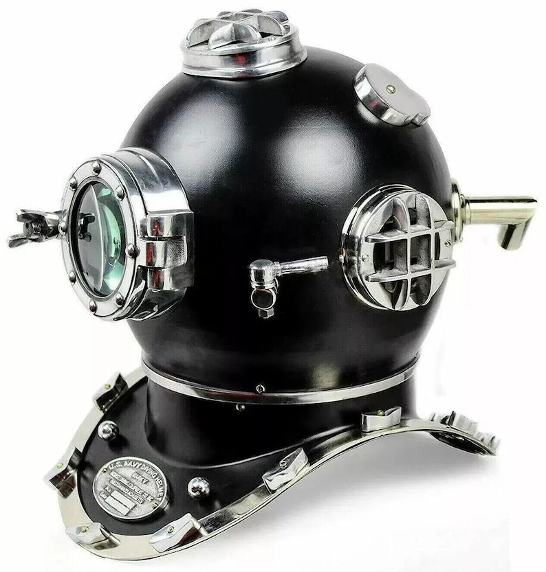 Full-Size Black Diving Helmet with Nickel Plated Highlights view 5